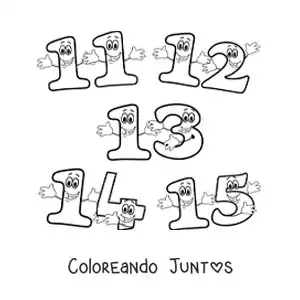 Imagen para colorear de los números del 11 al 15 animados para niños