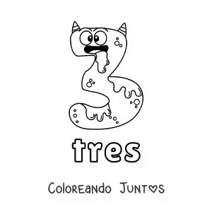 Imagen para colorear del número 3 con forma de monstruo animado de halloween
