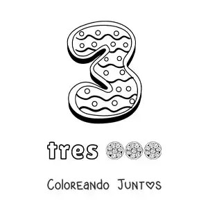 Imagen para colorear del número 3 animado con forma de galleta y objetos para contar