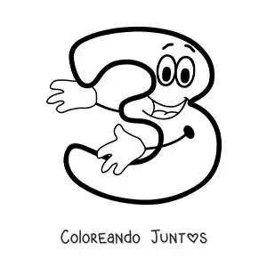 Imagen para colorear del número 3 animado bailando para niños