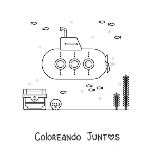 Imagen para colorear de un submarino en el fondo del mar junto a un tesoro