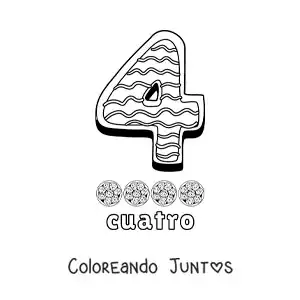 Imagen para colorear del número 4 animado con forma de galleta y objetos para contar