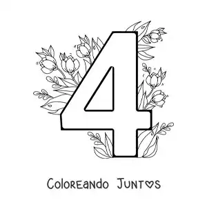 Imagen para colorear del número 4 decorado con flores