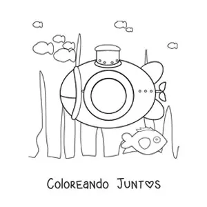 Imagen para colorear de un submarino entre algas en el fondo del océano