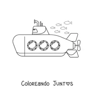 Imagen para colorear de un submarino con tres ventanas rodeado de peces