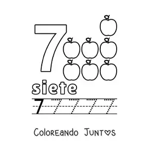 Imagen para colorear del número 7 con objetos para aprender a contar y trazar