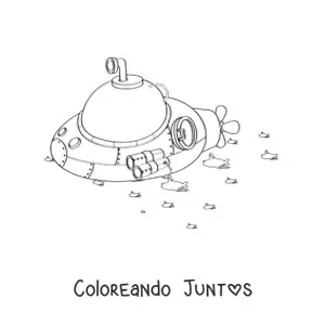 Imagen para colorear de un submarino redondo junto a varios peces