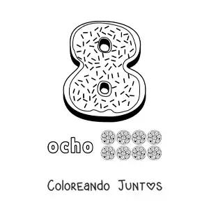 Imagen para colorear del número 8 animado con forma de galleta y objetos para contar