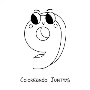 Imagen para colorear del número 9 animado infantil