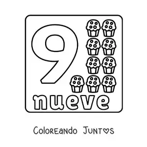Imagen para colorear del número 9 con objetos para aprender a contar