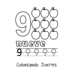 Imagen para colorear del número 9 con objetos para aprender a contar y trazar