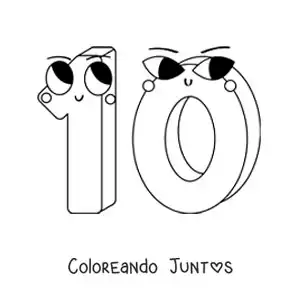 Imagen para colorear del número 10 animado infantil