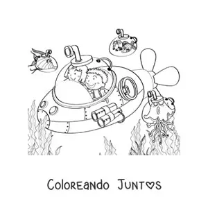 Imagen para colorear de dos niños dentro de un submarino con peces animados