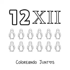 Imagen para colorear de ficha del 12 en números romanos con dibujos animados