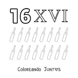 Imagen para colorear de ficha del 16 en números romanos con dibujos animados