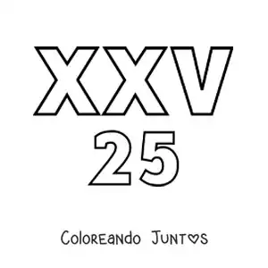 Imagen para colorear de ficha del 25 en números romanos con dibujos animados