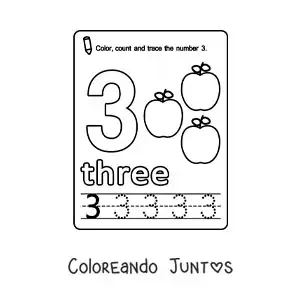 Imagen para colorear de ficha para aprender el número 3 en inglés con frutas
