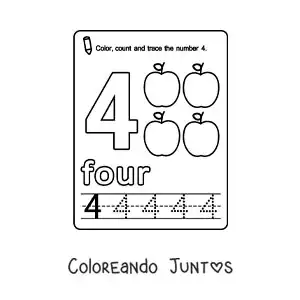 Imagen para colorear de ficha para aprender el número 4 en inglés con frutas