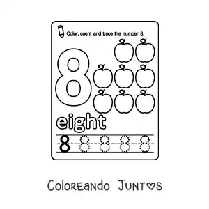 Imagen para colorear de ficha para aprender el número 8 en inglés con frutas