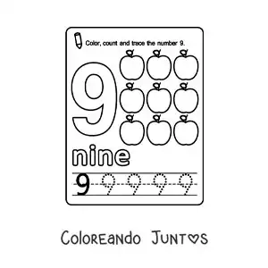 Imagen para colorear de ficha para aprender el número 9 en inglés con frutas