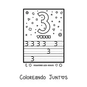 Imagen para colorear de actividad para aprender el número 3 en inglés