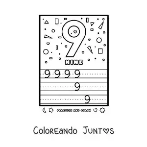 Imagen para colorear de actividad para aprender el número 9 en inglés