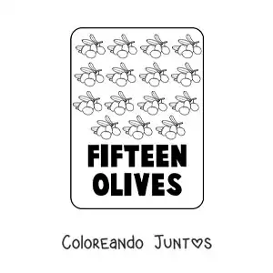 Imagen para colorear del número 15 en inglés con frutas