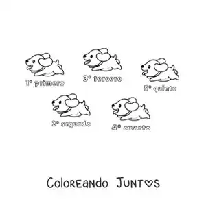 Imagen para colorear de una carrera de perros con los números ordinales del 1 al 5 para niños