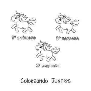Imagen para colorear de una carrera de unicornios con los números ordinales del 1 al 3 para niños