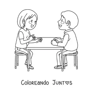 Imagen para colorear de pareja de novios sentados hablando en un restaurante