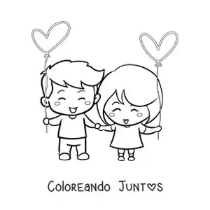 Imagen para colorear de pareja de novios tomados de la mano con corazones