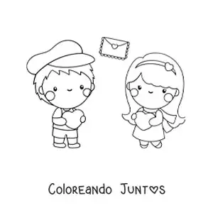 Imagen para colorear de pareja de enamorados con cartas de amor
