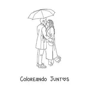 Imagen para colorear de pareja besándose bajo la lluvia