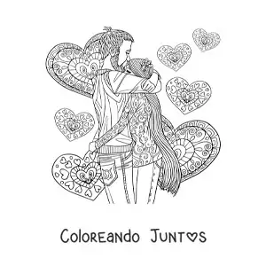 Imagen para colorear de pareja abrazándose con corazones