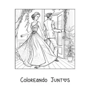 Imagen para colorear de hermosa pareja vintage en una casa con jardín