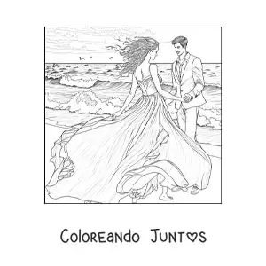 Imagen para colorear de escena romántica de novios en la playa