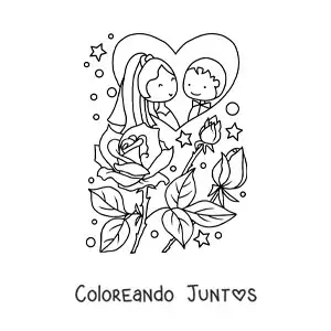 Imagen para colorear de pareja feliz animada en su boda con rosas y corazones