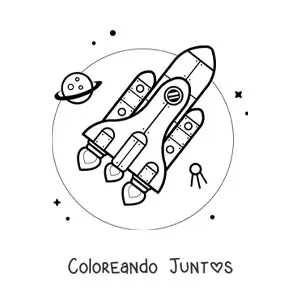Imagen para colorear de un cohete en el espacio junto a un planeta