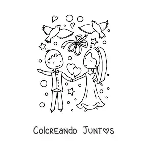 Imagen para colorear de tierna pareja animada en su boda con corazones y palomas
