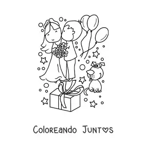 Imagen para colorear de pareja de novios animados en su boda con regalos