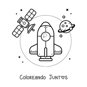 Imagen para colorear de un cohete en el espacio junto a un satélite y un planeta