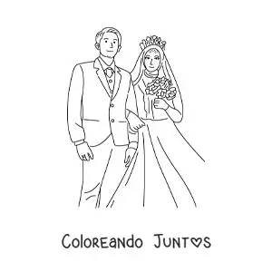 Imagen para colorear de hermosa pareja de novio y novia con hijab en su boda