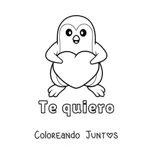 Imagen para colorear de pingüino con un corazón y la frase te quiero
