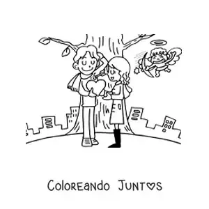 Cupido flechando a una pareja de enamorados
