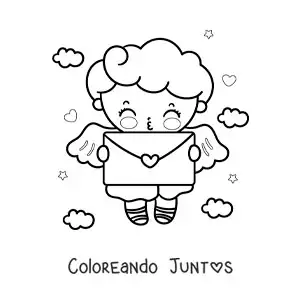 Imagen para colorear de ángel cupido animado con una carta de amor