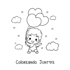 Imagen para colorear de gracioso cupido bebé animado con globos de corazón