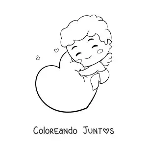 Imagen para colorear de lindo cupido bebé gracioso abrazando un corazón