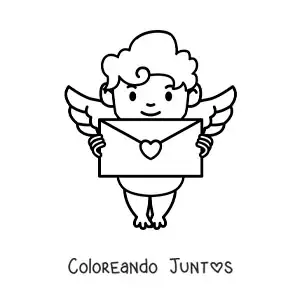 Imagen para colorear de caricatura de cupido con una carta de amor