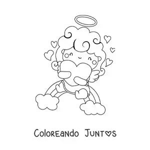 Imagen para colorear de ángel cupido en un arcoíris con corazones