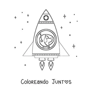 Imagen para colorear de un perro espacial animado en un cohete en el espacio